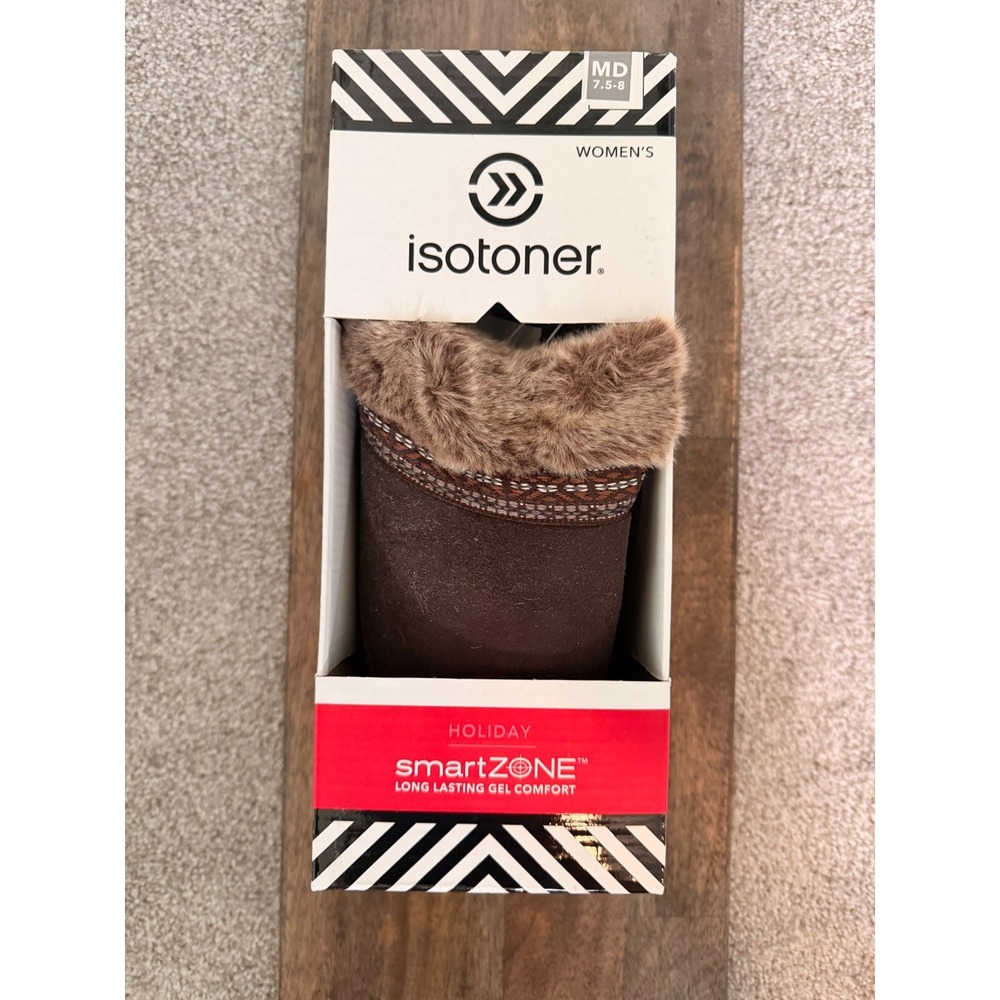 Isotoner Brown SmartZONE Holiday Slipper Boots Size MD 7.5-8 Faux Fur Gel NIB